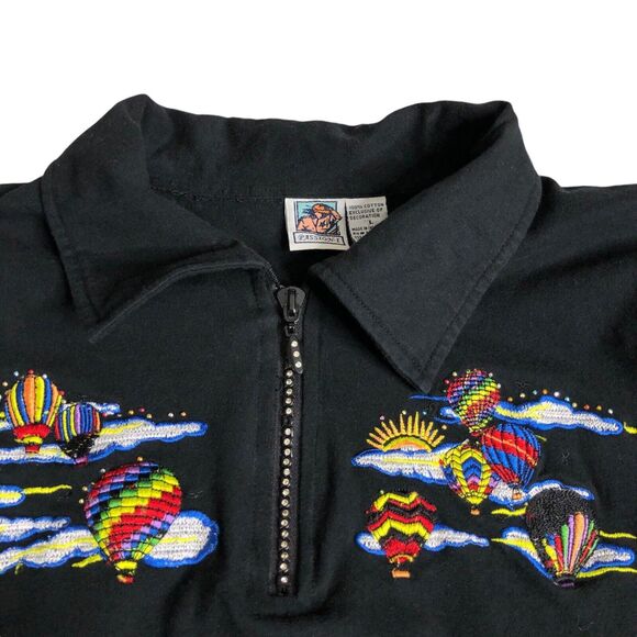 VTG Passion-I Top Womens L Black Hot Air Balloon Embroidered Bling 1/4 Zip Y2K - Picture 9 of 13